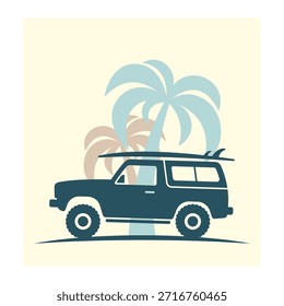 SUV mit Surfbrett und Palmen. Farbige Silhouette. Vorder- und Seitenansicht. Vektorgrafik mit einfacher flacher Grafik. Isoliertes Objekt auf weißem Hintergrund.