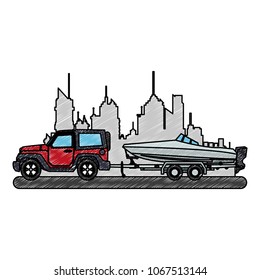 Suv Towing Boat At City Scribble