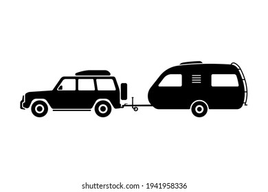 SUV with trailer caravan icon. Motorhome. Black silhouette. Side view. Vector simple flat graphic illustration. The isolated object on a white background. Isolate.