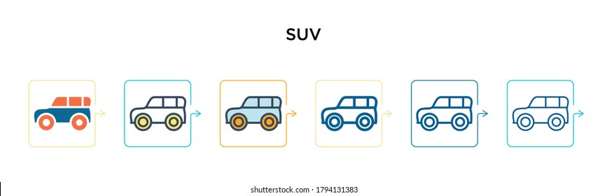 Suv vector icon in 6 different modern styles. Black, two colored suv icons designed in filled, outline, line and stroke style. Vector illustration can be used for web, mobile, ui