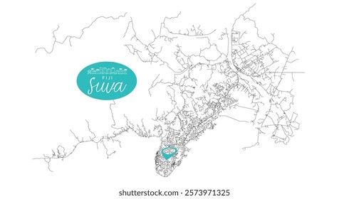 Suva,capital city of Fiji,Urban Streets Roads Map with city center location pin, illustration vector element image 