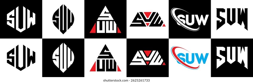 SUW letter logo design in six style. SUW polygon, circle, triangle, hexagon, flat and simple style with black and white color variation letter logo set in one artboard. SUW minimalist and classic logo