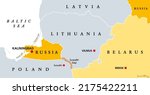 Suwalki Gap, political map. Also known as the Suwalki Corridor, the border starting from the Russian exclave Kaliningrad Oblast to Belarus,  between Lithuania and Poland, near the Polish town Suwalki.