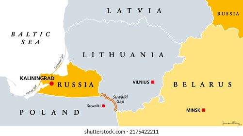Suwalki Gap, political map. Also known as the Suwalki Corridor, the border starting from the Russian exclave Kaliningrad Oblast to Belarus,  between Lithuania and Poland, near the Polish town Suwalki.