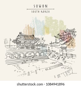 Suwon, South Korea, Asia. Floodgate in Hwaseong Fortress (Buksumun, Hwahongmun) and Dongbukgangnu Pavilion (Banghwasuryujeong Pavilion). Travel sketch. Vintage touristic postcard in vector