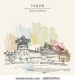 Suwon, South Korea, Asia. Seobukgongsimdon (Observation Tower) and Hwaseomun Gate in Hwaseong Fortress (Buksumun, Hwahongmun). Travel sketch. Vintage touristic postcard in vector