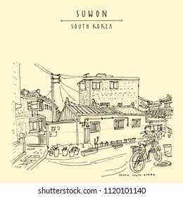 Suwon, South Korea, Asia. Traditional Korean Hanok village in Hwaseong Fortress (Buksumun, Hwahongmun). Travel sketch. Vintage touristic postcard in vector