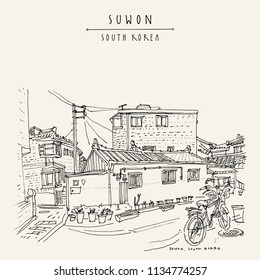 Suwon, South Korea, Asia. Traditional Korean Hanok village in Hwaseong Fortress (Buksumun, Hwahongmun). Travel sketch. Vintage touristic postcard in vector