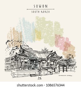 Suwon, South Korea, Asia. Yuyeotaek, a temporary office for the kings and Angbuilgu sundial at Temporary Palace in Suwon Hwaseong Fortress, Korean national treasure. Travel hand drawn vector postcard