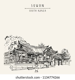 Suwon, South Korea, Asia. Yuyeotaek, a temporary office for the kings and Angbuilgu sundial at Temporary Palace in Suwon Hwaseong Fortress, Korean national treasure. Travel hand drawn vector postcard