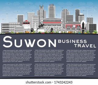Suwon South Korea City Skyline with Color Buildings, Blue Sky and Copy Space. Vector Illustration. Business Travel and Tourism Concept with Historic and Modern Architecture. Suwon Cityscape.