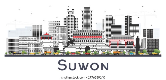 Suwon South Korea City Skyline with Color Buildings Isolated on White. Vector Illustration. Business Travel and Tourism Concept with Historic and Modern Architecture. Suwon Cityscape with Landmarks.