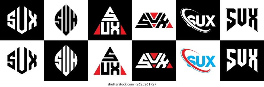 SUX letter logo design in six style. SUX polygon, circle, triangle, hexagon, flat and simple style with black and white color variation letter logo set in one artboard. SUX minimalist and classic logo
