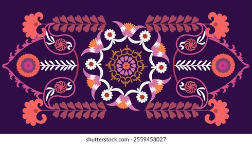 Suzani carpet designed on traditional uzbek textile product. Beautiful flowers cread home interior element. 
