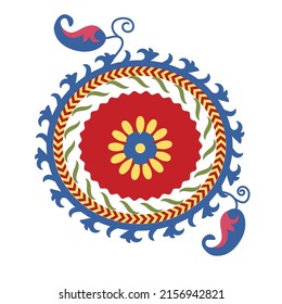 Moqueta de Suzani - elemento de forma circular con flores y pimientos. Suzani. Producto textil tradicional en Uzbekistán.
