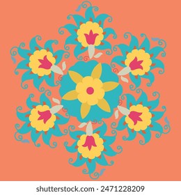 Suzani carpet element - flower in the orange background, this element from the traditional textile product of Central Asian countries.