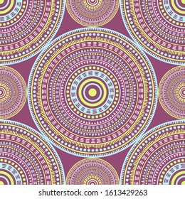 Suzani folk motifs seamless pattern. Circle medallion mandala geometric tiles. Fabric print template. Fashion or interior pattern. Trendy circular seamless ornament. Henna mandala design.