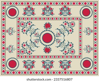 Suzani  - home interior element in the countries in the Central Asian region. Gorgeous shapes of flowers and plants decorate this carpet. Uzbekistan culture. 