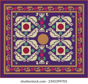 Suzani  - home interior element in the countries in the Central Asian region. Gorgeous shapes of flowers and plants decorate this carpet. Uzbekistan culture. 