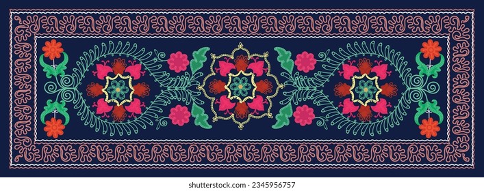 Suzani  - home interior element in the countries in the Central Asian region. Gorgeous shapes of flowers and plants decorate this carpet. Uzbekistan culture. 