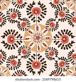 Suzani pattern background - flowers, traditional art in Central Asia and Uzbekistan. Embroidery textile product. Using in home decor