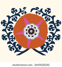 Suzani pattern background - flowers, traditional art in Central Asia and Uzbekistan. Embroidery textile product. Using in home decor