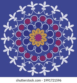Patrón de Suzani - bordado producto textil hecho a mano en Uzbekistán, Asia Central. Patrón de forma circular. Azul. Flores