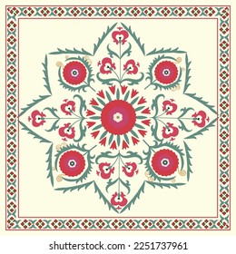 Suzani pattern for pillows and for tablecloths. Traditional textile products in Uzbekistan. Beautiful handmade souvenirs. 