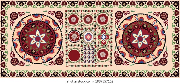 Suzani or suzane carpet - traditional embroidery textile product. Home interior. Handicraft. Art.