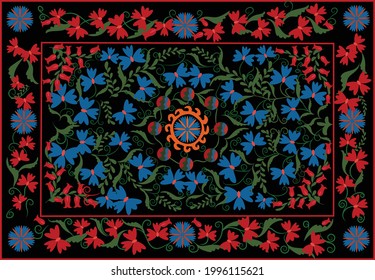 Suzani or suzane carpet - traditional embroidery textile product. Home interior. Handicraft. Art.