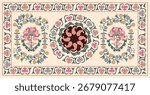 Suzani or suzane - Uzbek pattern carpet, spread in Central Asia, traditional textile product, using now in home decor and fashion industry, embroidery product