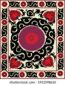 Suzani or suzane - uzbek pattern carpet, spread in Central Asia, traditional textile product, using now in home decor and fashion industry, embroidery product