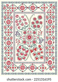 Suzani or suzane - Uzbek pattern carpet, spread in Central Asia, traditional textile product, using now in home decor and fashion industry, embroidery product	