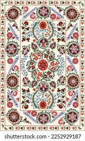 Suzani or suzane - Uzbek pattern carpet, spread in Central Asia, traditional textile product, used now in home decor and fashion industry, embroidery product. Uzbekistan culture	