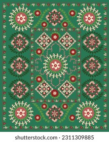 Suzani or suzane - Uzbek pattern carpet, spread in Central Asia, traditional textile product, using now in home decor and fashion industry, embroidery product	