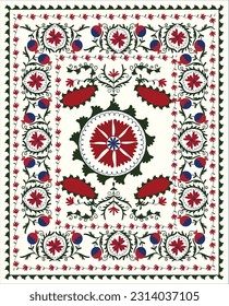 Suzani or suzane - Uzbek pattern carpet, spread in Central Asia, traditional textile product, using now in home decor and fashion industry, embroidery product	