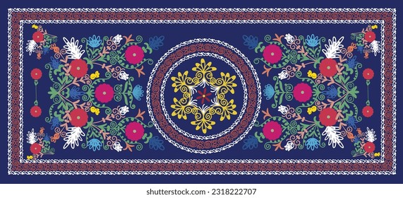 Suzani or suzane - Uzbek pattern carpet, spread in Central Asia, traditional textile product, using now in home decor and fashion industry, embroidery product	