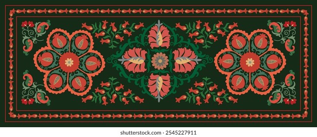 Suzani or suzane - Uzbek pattern carpet, spread in Central Asia, traditional textile product, using now in home decor and fashion industry, embroidery product	