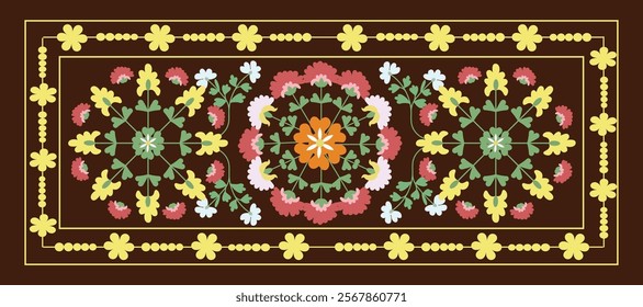 Suzani or suzane - Uzbek pattern carpet, spread in Central Asia, traditional textile product, using now in home decor and fashion industry, embroidery product	