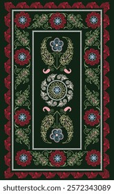 Suzani or suzane - Uzbek pattern carpet, spread in Central Asia, traditional textile product, using now in home decor and fashion industry, embroidery product	