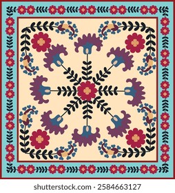 Suzani or suzane - Uzbek pattern carpet, spread in Central Asia, traditional textile product, using now in home decor and fashion industry, embroidery product	