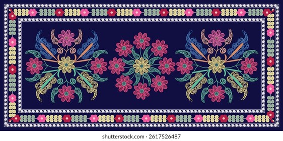 Suzani or suzane - Uzbek pattern carpet, spread in Central Asia, traditional textile product, using now in home decor and fashion industry, embroidery product