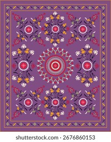 Suzani or suzane - Uzbek pattern carpet, spread in Central Asia, traditional textile product, using now in home decor and fashion industry, embroidery product