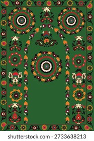 Suzani or suzane - Uzbek pattern carpet, spread in Central Asia, traditional textile product, using now in home decor and fashion industry, embroidery product