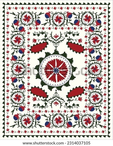 Suzani or suzane - Uzbek pattern carpet, spread in Central Asia, traditional textile product, using now in home decor and fashion industry, embroidery product	