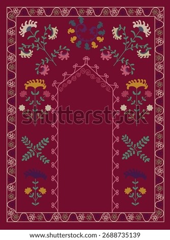 Suzani or suzane - Uzbek pattern carpet, spread in Central Asia, traditional textile product, using now in home decor and fashion industry, embroidery product