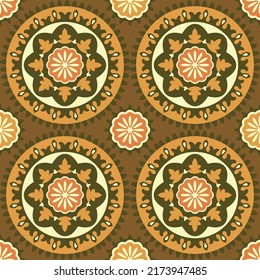 Suzani traditional ethnic pattern isolated on dark yellow background. Seamless vector background
