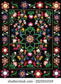 Suzani - traditional home interior element in Central Asian people. Embroidery handmade carpet - using also in the fashion industry, flower patterns. Fabric. Silk product. Uzbekistan handicraftsman.