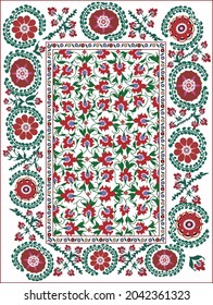 Suzani- traditional home interior element in Central Asian peoples, embroidery handmade carpet, nowadays used in the fashion industry and creative design. Uzbekistan. 
