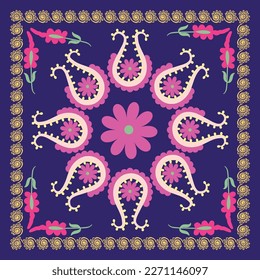 Suzani - a traditional textile product in Uzbekistan, a home interior element. Nowadays using for decorating fashion outfits and other creative elements. 